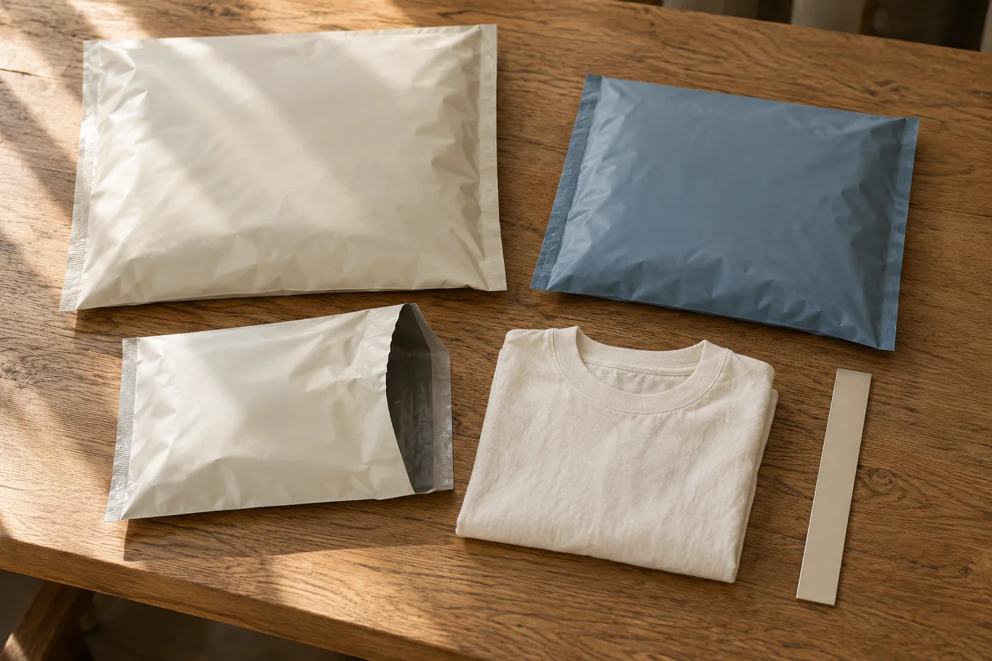Ivory and blue mailers around a folded light garment on a wooden bench