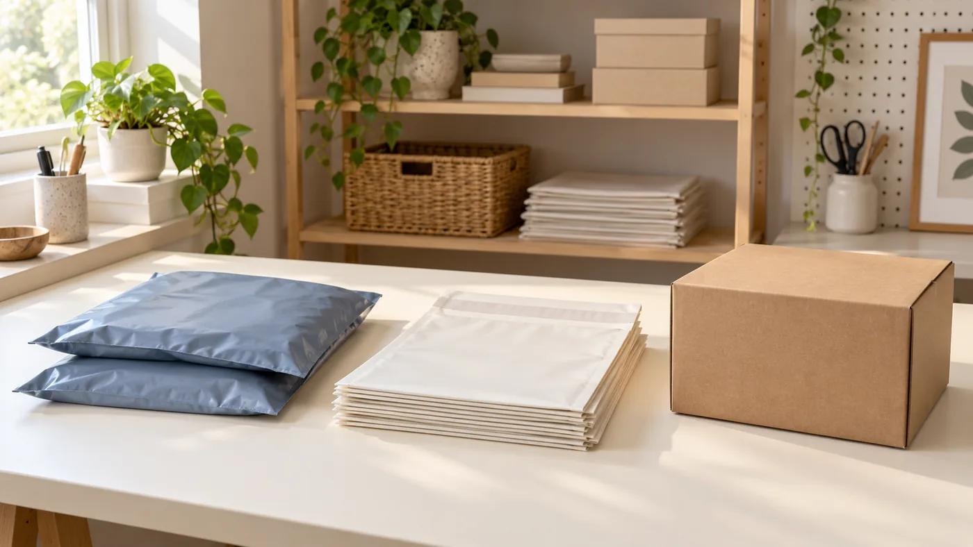 Two blue mailers, a flat ivory mailer stack and a closed kraft box on a packing table