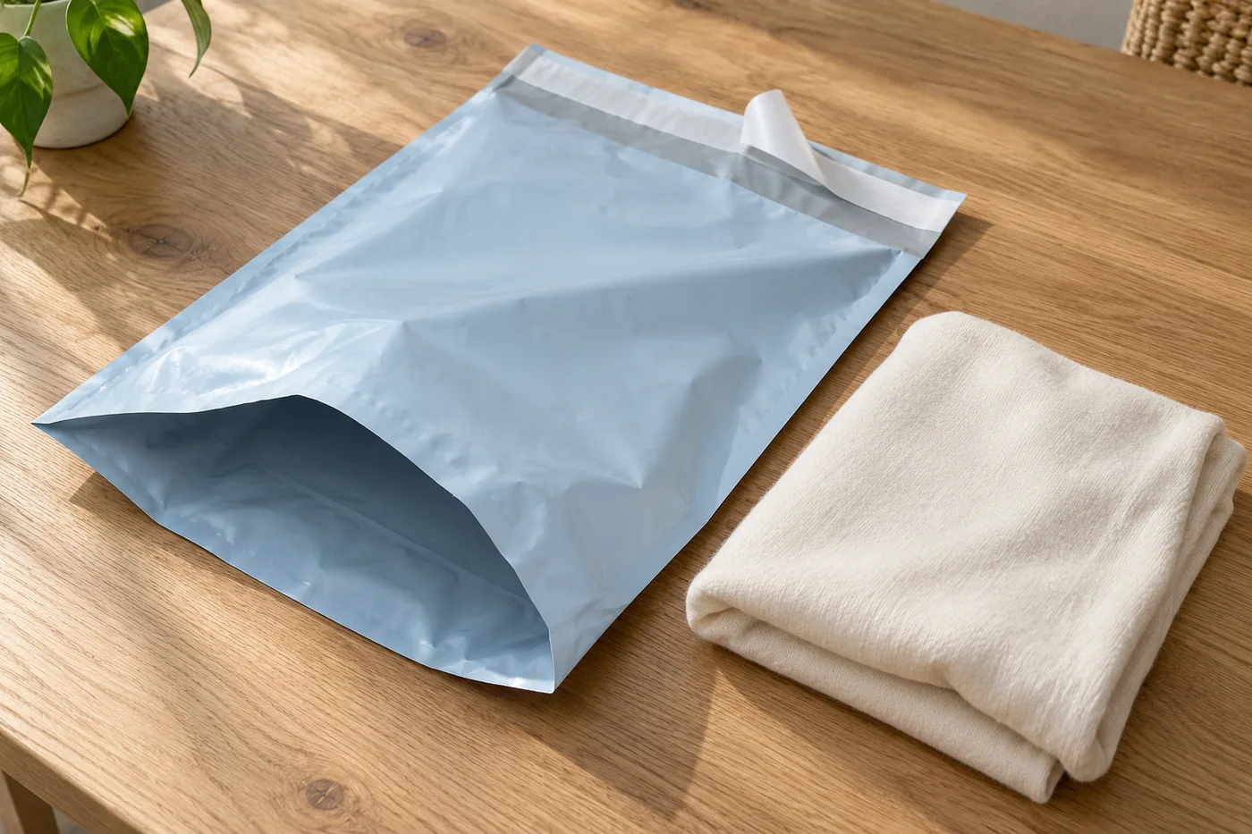 Pale blue mailer with a visible white liner beside folded cream fabric